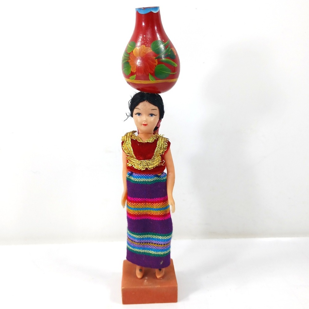 Vintage Guatemalan Souvenir Doll Traditional Dress Water Jug Folk Art 12.5"